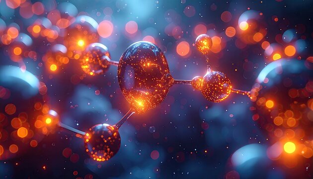 Molecular structure, vibrant blue, orange