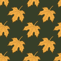 Fototapeta premium Hand drawn yellow leaves seamless pattern on the dark green background