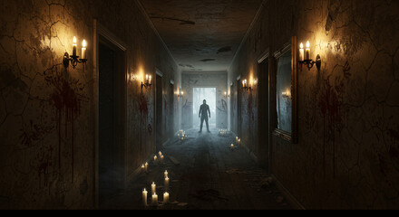 Fototapeta premium The image shows an empty, long, dark hallway in an old building's interior, with the bright light at the end of the tunnel shining through a door