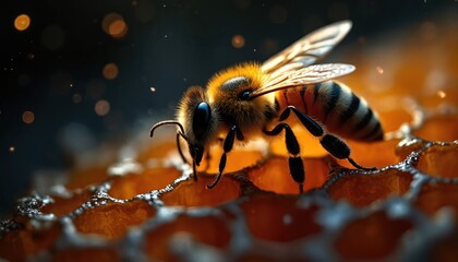 Detailed close-up of furry bee rests on golden honeycomb. Insect stands on hexagon cells filled with sweet golden syrup. Bright bokeh lights glow in dark background. Natural scene shows busy worker