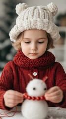 Children decorating snowman with holiday garlands