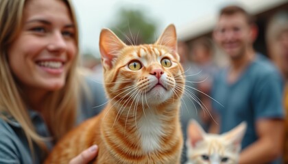 Smiling woman holds ginger cat, people at adoption event choose pets. Animals meet new owners, staff assist in finding homes. Event creates happy connections.