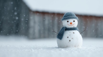Cozy cabin snowman-building scene in fresh snowfall