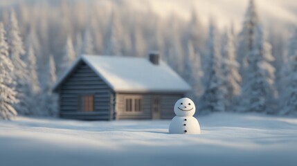 Cozy cabin snowman-building scene in fresh snowfall