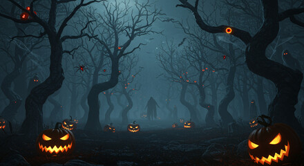 Spooky Halloween night background with pumpkins, bats, and a dark tree silhouette under an orange moon illustration