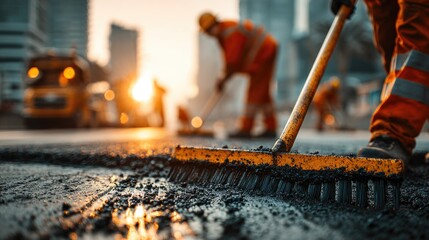 Road construction workers sweeping hot asphalt at sunrise