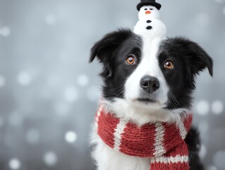 Family dog wearing snowman scarf while playing