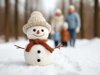 Family photo with snowman on a snowy holiday afternoon