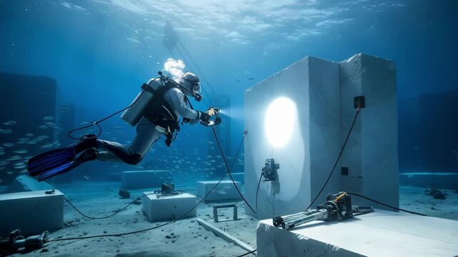 Medium shot of a diver inspecting intact stone formations underwater preparing for precise extraction in a submerged quarry environment.