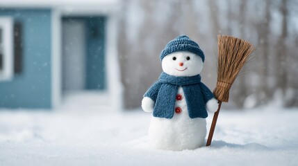 Snowman with broomstick standing in front yard