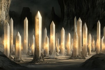 Ancient crystal pillars glowing in a dark cave