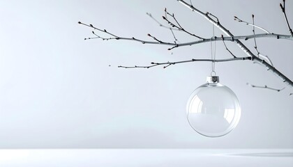 Minimalist winter elegance a clear ornament hangs from a silver branch against a serene backdrop perfect for holiday designs and seasonal promotions now