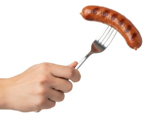 Naklejka na ściany i meble a hand holding a sausage on a fork for a meal