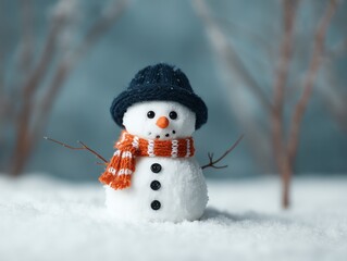 Snowman with carrot nose and coal buttons in snowy landscape