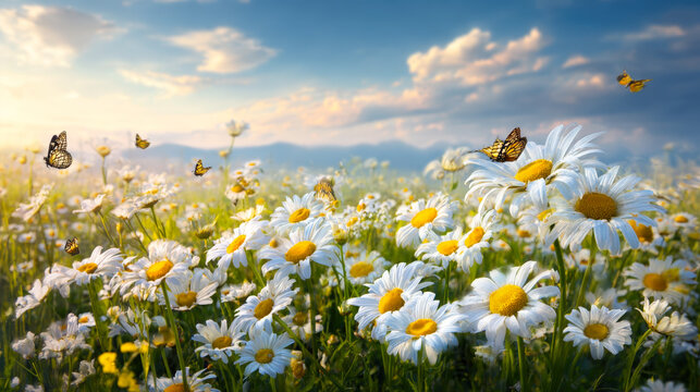 A close-up, low-angle shot of a lush meadow filled with white and yellow daisies under a beautiful blue sky with soft clouds. Several monarch butterflies flutter among the flowers - Powered by Adobe