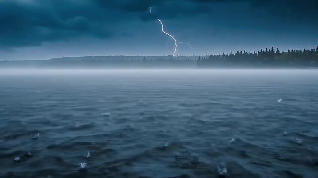 Dramatic Thunderstorm with Lightning Flashing Over a Misty Lake.