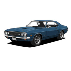 Vintage blue muscle car classic automobile automotive vehicle automotive styling isolated on white background