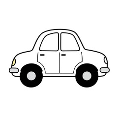Simple line drawing of a cartoon car with black wheels and tinted windows isolated on white background