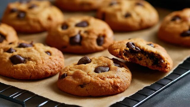 A delectable array of freshly baked chocolate chip cookies resting on a baking tray, presenting a warm and inviting treat perfect for any dessert lover.