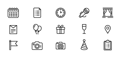 Event and Celebration Line Icon Set. Line icons of party, planning, invitation, and entertainment. Vector illustration.