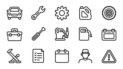 Line icons of automotive service, car repair, tools, maintenance, and workshop equipment. Vector illustration.