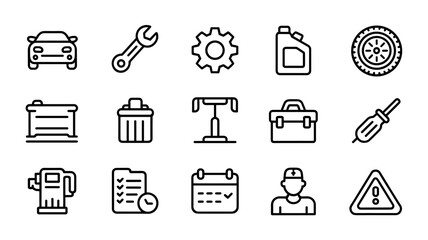 Car Service Line Icon Set. Line icons of mechanic, repair, maintenance, and automotive tools. Vector illustration.
