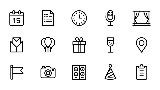 Line icons of event planning, celebration, party elements, and festive accessories. Vector illustration.