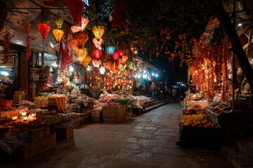 Obraz premium Vibrant street market at night with colorful lanterns, exotic urban vibe