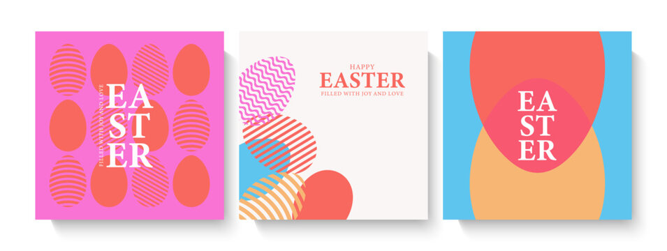Happy easter greeting cards vector set. Geometric bright holiday design with Easter eggs