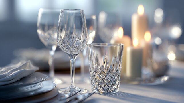 Crystal wine glasses and a tumbler feature on a table with lit candles plates and cloth napkins