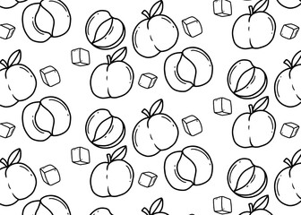 A seamless pattern of outlined peaches and peach halves, interspersed with small cubes, on a white background.
