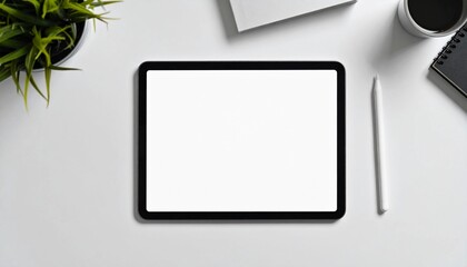 Sleek modern tablet with stylus and coffee sits on a clean white desk, perfect for digital design, note taking, or remote work inspiration.