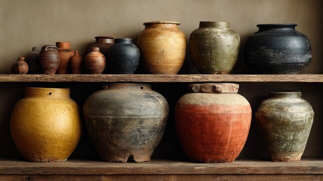 Rustic Clay Jars on Wooden Shelf
