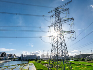 pylon in power station with blue sky