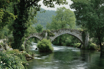 Fototapeta premium Classic stone bridge crossing a calm river, surrounded by lush greenery