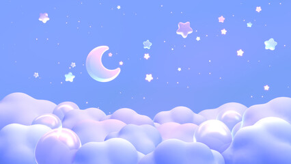 3D render cartoon moon and stars sky with bubbles on clouds.