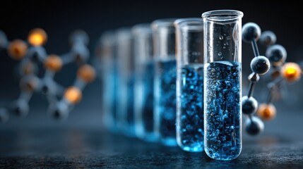 Laboratory test tubes with blue fluid and molecular models for chemical research