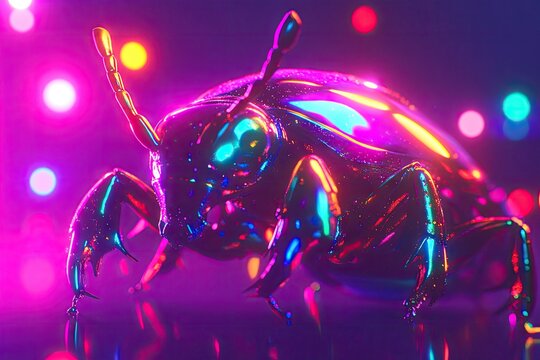 Shiny iridescent beetle in vibrant neon lights