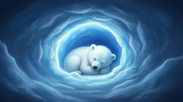 cute baby polar bear sleeping peacefully in ice cave