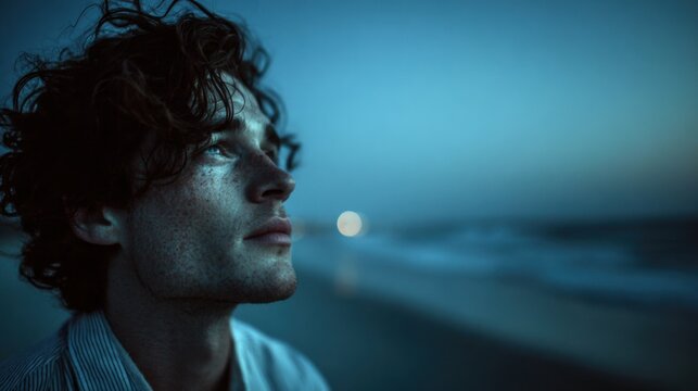 Young man gazing thoughtfully at the ocean under a twilight sky on a tranquil beach - Powered by Adobe