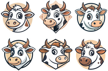 Set of cute cartoon cow head illustrations with smiling expressions in colorful vector style