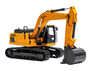 Fototapeta premium Bright orange construction excavator with tracks, bucket, and articulated arm on black background