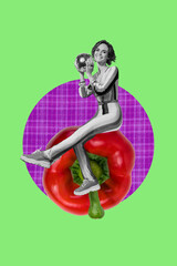 Collage of happy young person surrounded by vegetables like carrots peppers promoting healthy eating dieting lifestyle