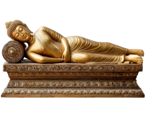 Serene golden reclining Buddha statue, sacred sculpture representing peace and spiritual religion. This ancient art shows Mahaparinirvana pose, symbol of enlightenment