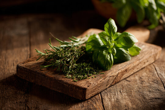 Fresh herbs like basil, rosemary, thyme on rustic cutting board, natural kitchen vibe