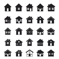 Collection of 25 diverse residential house icons representing different architectural styles isolated on white background