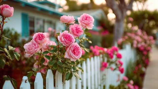Beautiful pink roses blooming near white fence and suburban house in warm evening light - Powered by Adobe