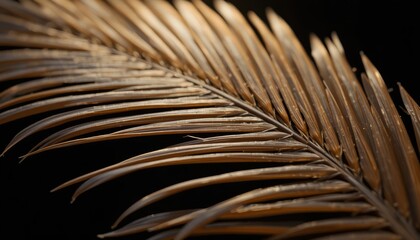 Fototapeta premium A luxurious golden palm leaf shimmering with metallic elegance against a stark black background for a dramatic effect