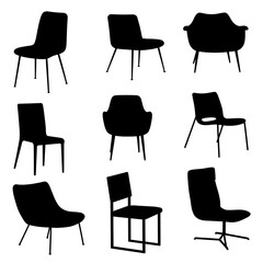 Collection of nine distinct silhouetted chairs in various modern designs and styles isolated on white background