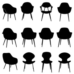 Collection of silhouette armchairs and dining chairs for interior design and furniture showcases isolated on white background